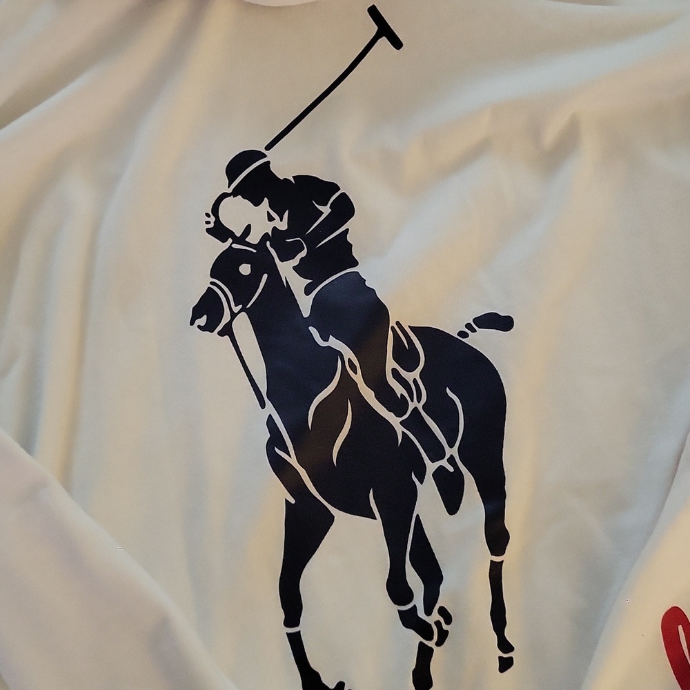 Polo by Ralph Lauren White Zip-Up Hoodie with Red Script Sleeve (Black Horse) - Picture 8 of 11